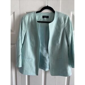 Talbots 100% Linen Open Front Blazer Womens Size 10 Aqua Blue Collarless Jacket